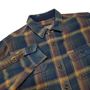 Orvis Plaid Flannel Shirt Jacket Mens M Classic Collection Blue Yellow Button Up
